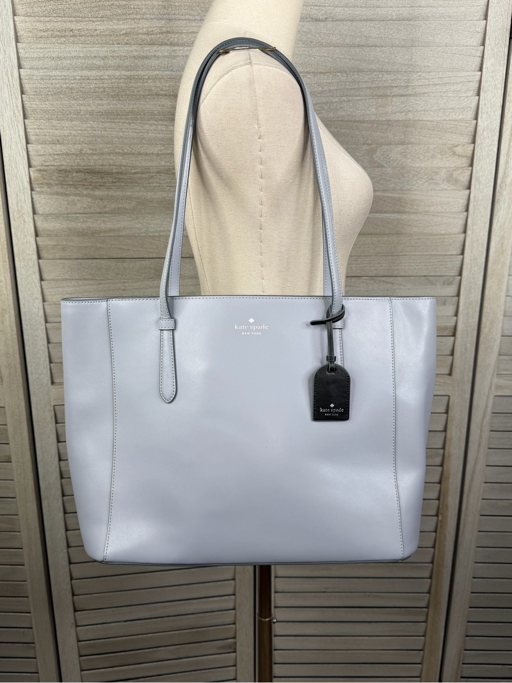 KATE SPADE "Schuyler" Smooth Leather Tote Bag with Bag Charm Steel Blue/Black-OS